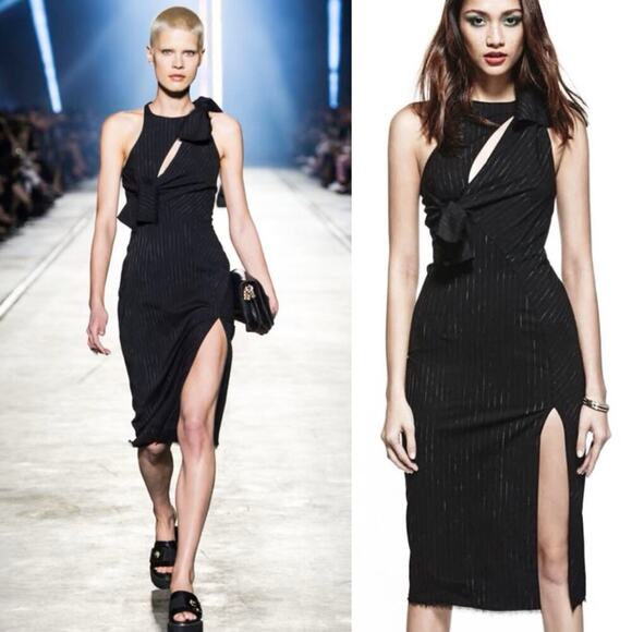 Versace Runway Dress Cut Out Knot Midi Wool Silk Pinstripe Cocktail Slit 2016 44 - Picture 2 of 15